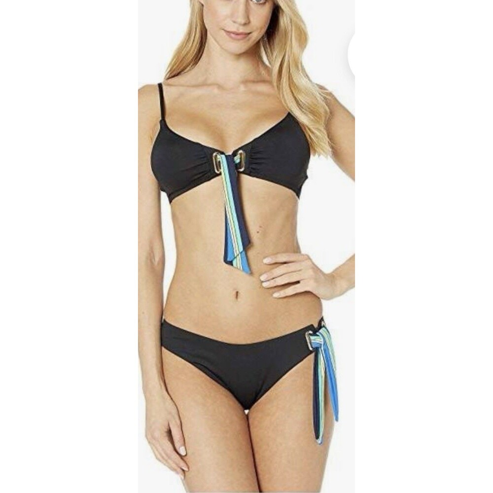NEW TRINA TURK (Size 8) Black w/Striped Ties Ipanema Top & Bottom Bikini Set